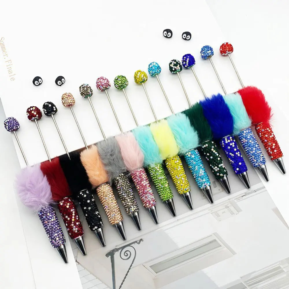 Cute Pom Pom Beadable Pens with Rhinestones Covered the Entire Ballpoint Pen