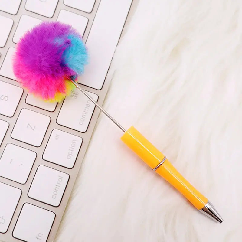 Pom Pom Beadable Pens with Solid Color and Leopard Print Plush Fluffy Pens