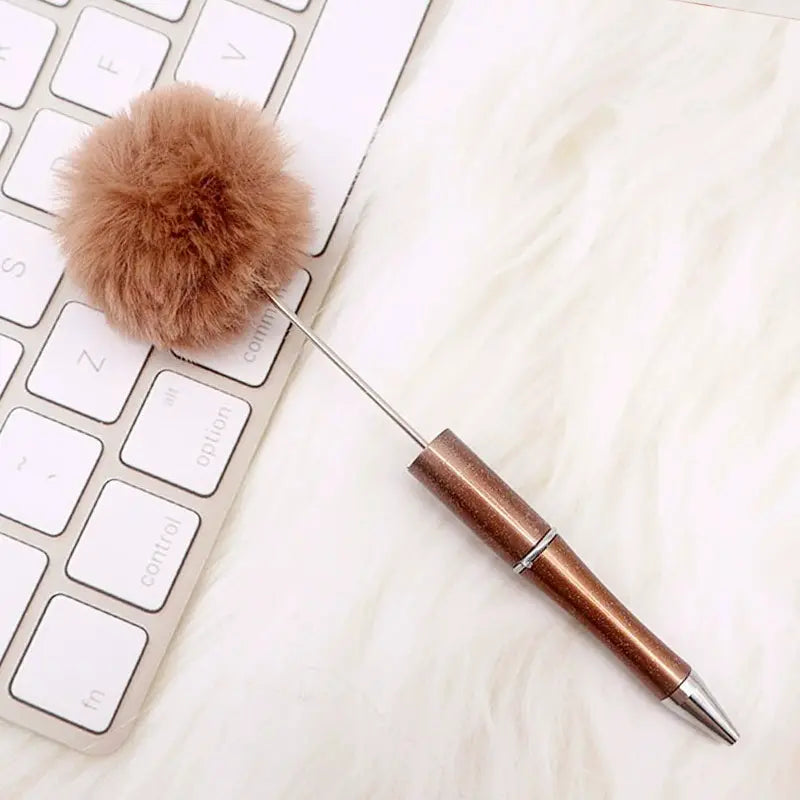 Pom Pom Beadable Pens with Solid Color and Leopard Print Plush Fluffy Pens