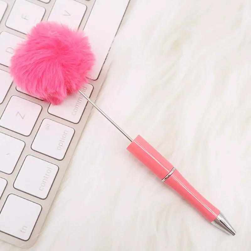 Pom Pom Beadable Pens with Solid Color and Leopard Print Plush Fluffy Pens