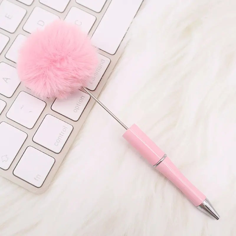 Pom Pom Beadable Pens with Solid Color and Leopard Print Plush Fluffy Pens