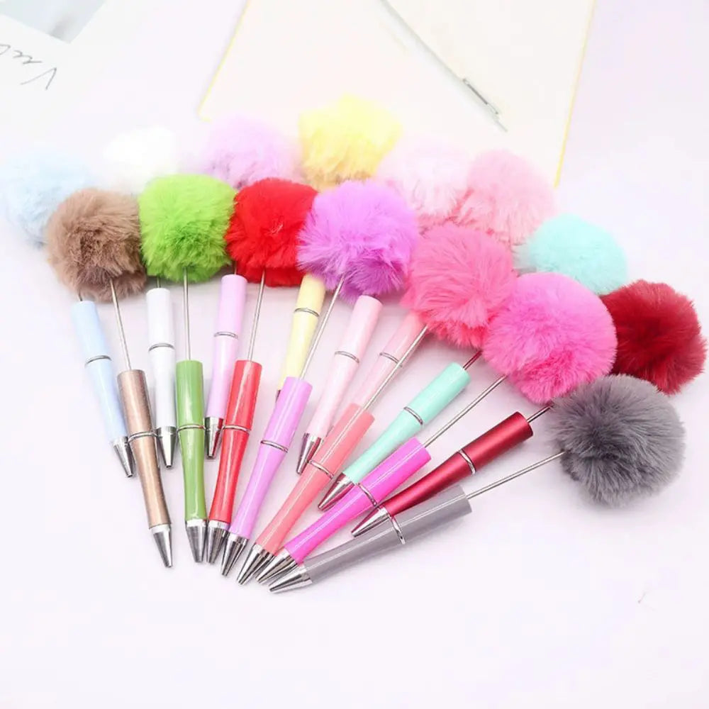 Pom Pom Beadable Pens with Solid Color and Leopard Print Plush Fluffy Pens