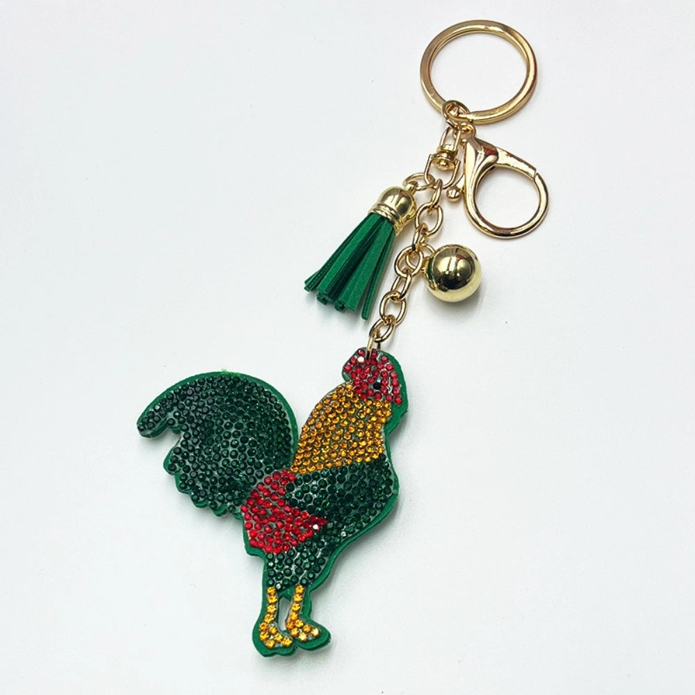 Green gold and red rhinestone rooster keychain charm with green tassel and gold bell on gold chain hardware