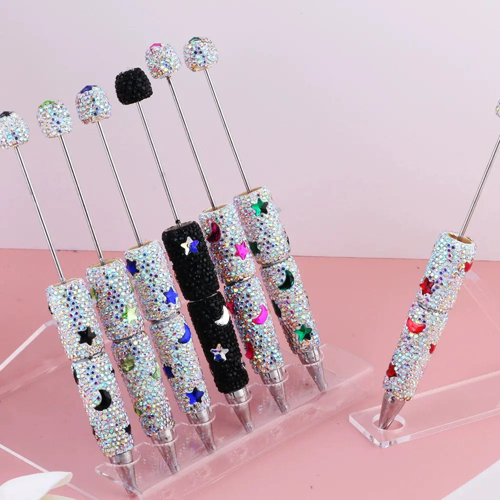 Beadable Clay Pens with Star and Moon and Mini Rhinestones Covered the Entire Pen
