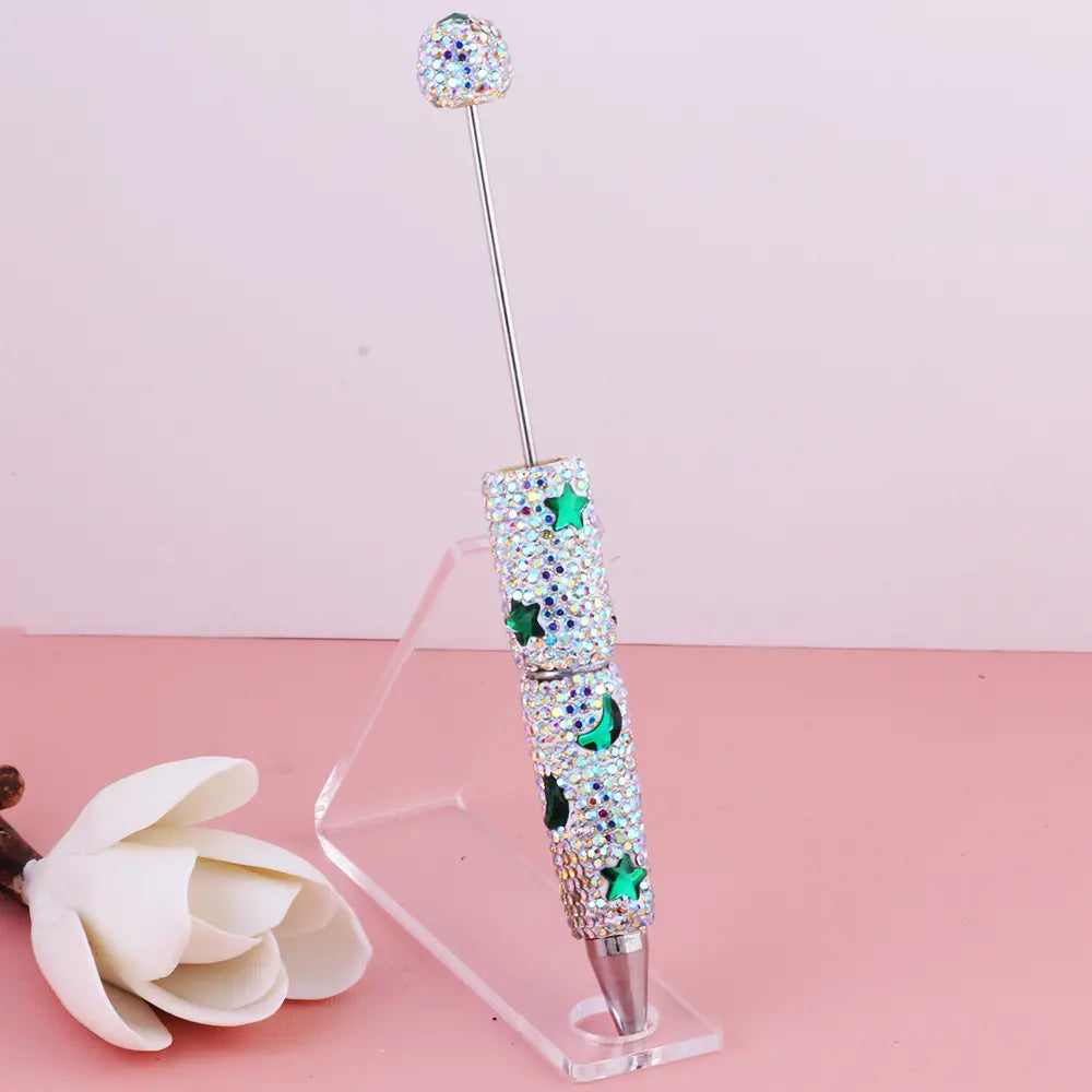 Beadable Clay Pens with Star and Moon and Mini Rhinestones Covered the Entire Pen