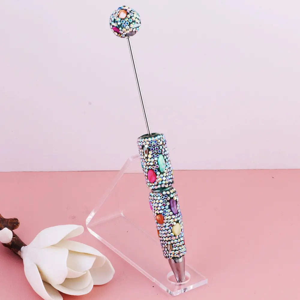 Beadable Clay Pens with Irregular Rhinestones and Colorful Mini Stones Covered the Entire Pen