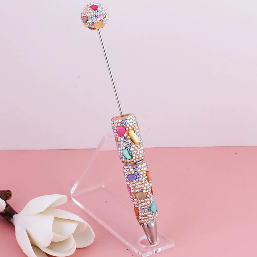 Beadable Clay Pens with Irregular Rhinestones and Colorful Mini Stones Covered the Entire Pen