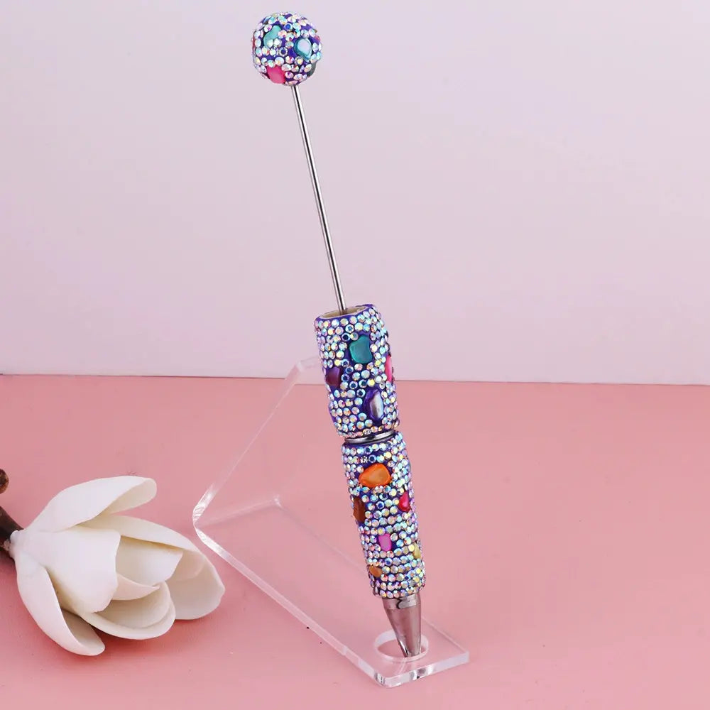 Beadable Clay Pens with Irregular Rhinestones and Colorful Mini Stones Covered the Entire Pen