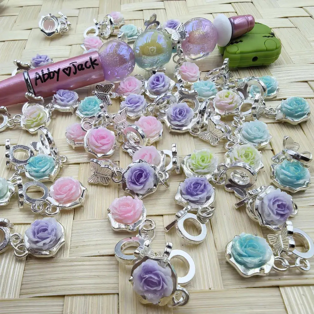 Shiny Flower Dangle Charm Pendant Butterfly Silver Metal Bail Beads