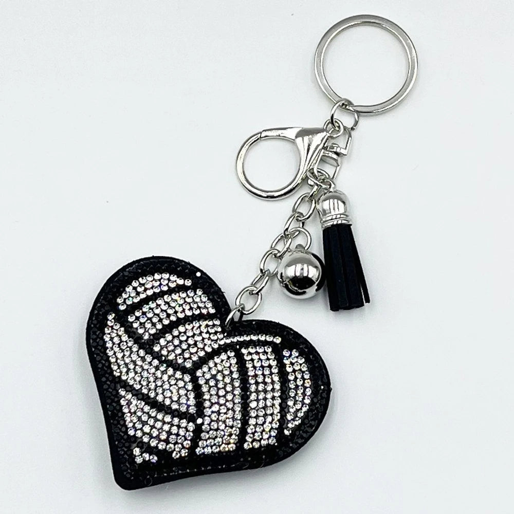 Assorted heart-shaped sports rhinestone fancy beads in baseball, football, basketball, volleyball, and tennis designs with tassel keychain hardware. - Black-White