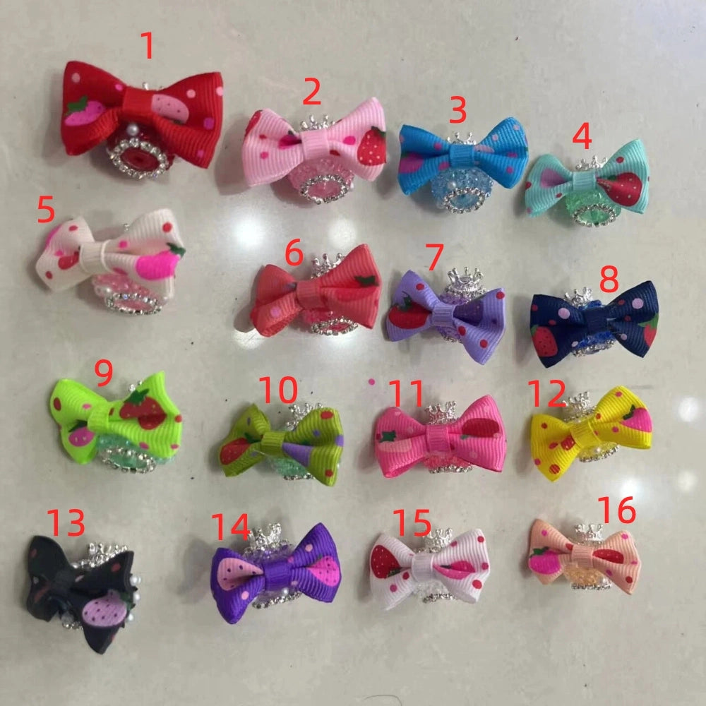 16 colorful strawberry print grosgrain ribbon bow fancy beads with rhinestone crown centers in assorted colors including red, pink, blue, teal, purple, navy, green, yellow, black and white, numbered 1 through 16, for DIY jewelry making and beadable pens.