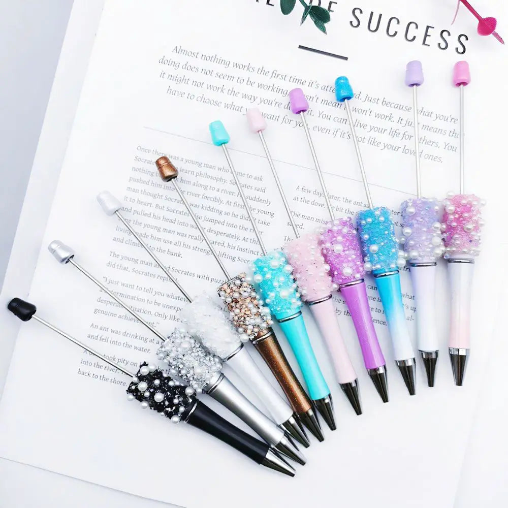 Diamond Shape Rhinestones and White Pearls Beadable Pens in Solid Colors