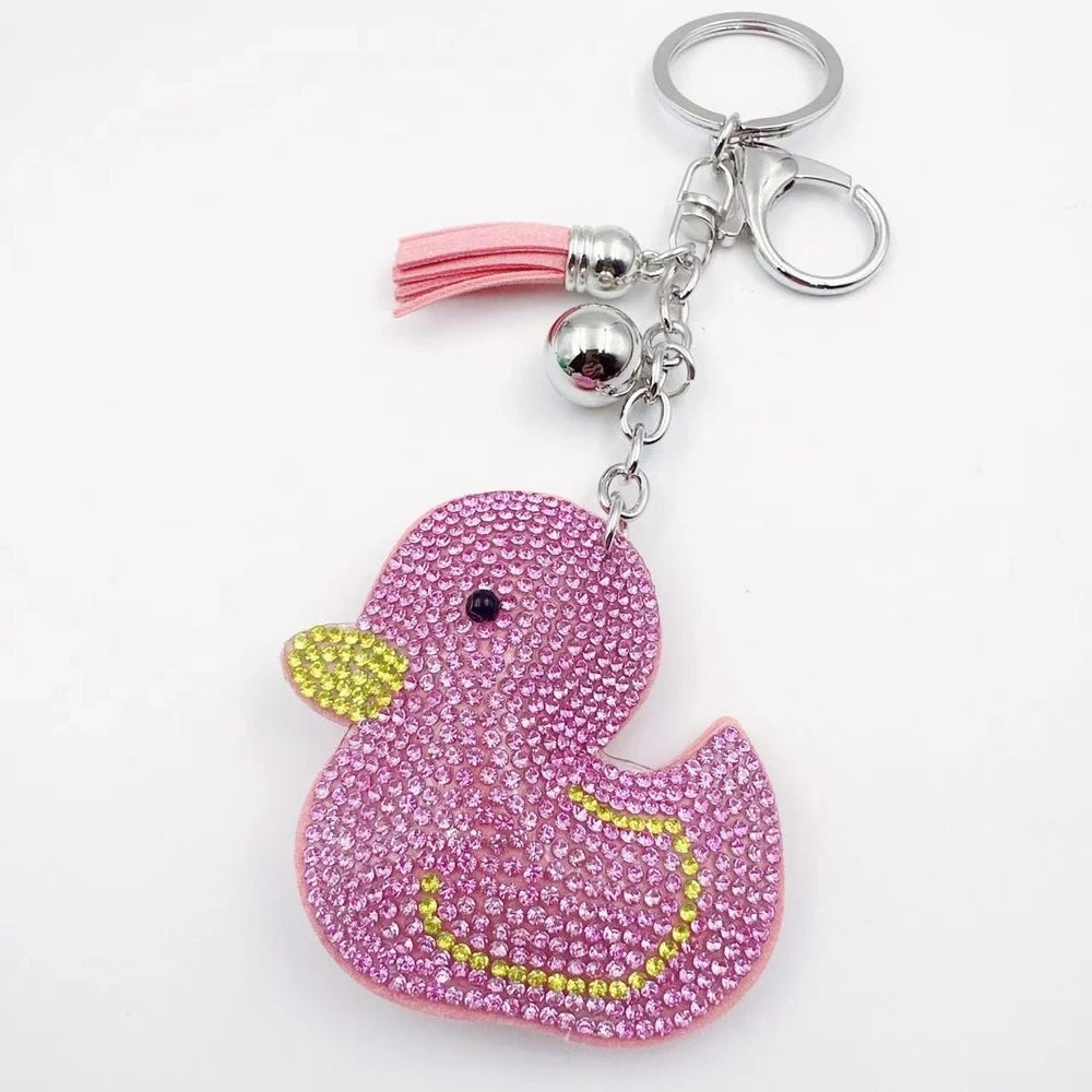 Bright yellow duck rhinestone fancy bead charms with silver keychain hardware, tassels, and bell accents - 2