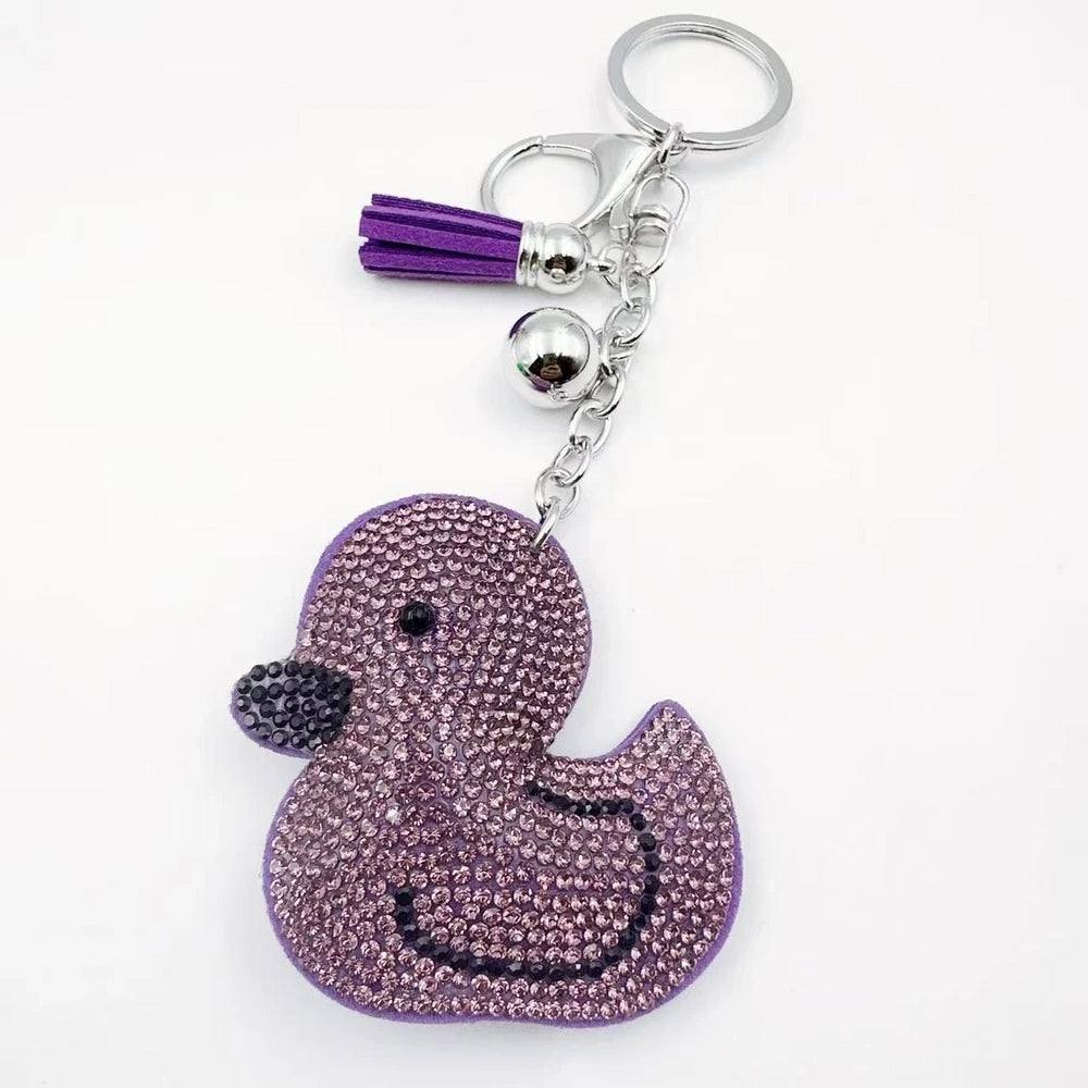 Bright yellow duck rhinestone fancy bead charms with silver keychain hardware, tassels, and bell accents - 7