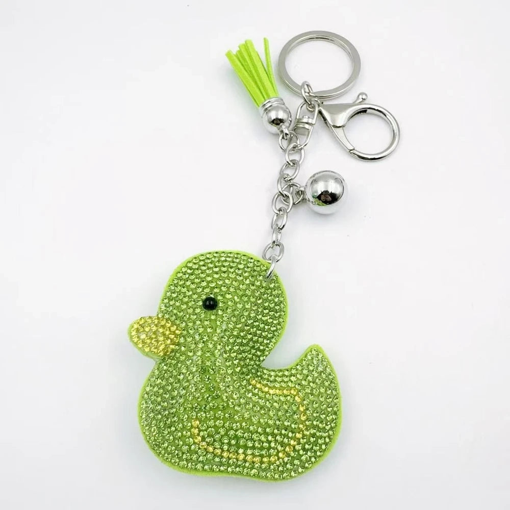 Bright yellow duck rhinestone fancy bead charms with silver keychain hardware, tassels, and bell accents - 9