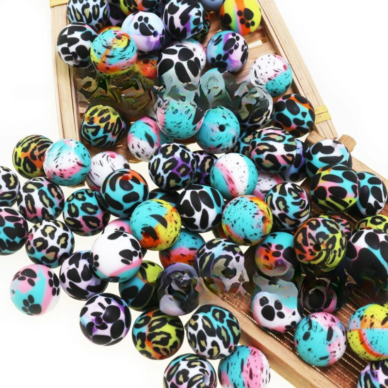 Leopard Print Water Transfer Silicone Beads-50PCS