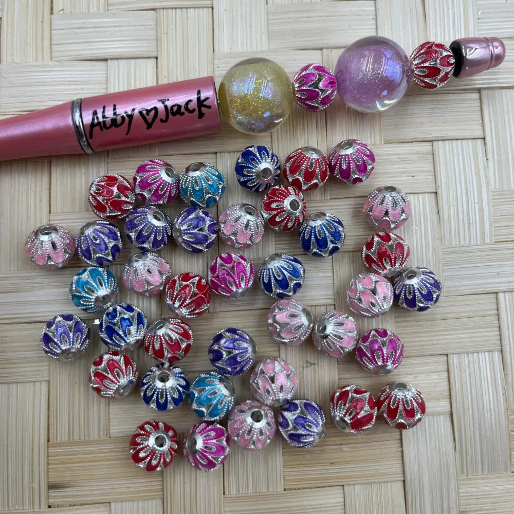 Assorted 10mm multicolor glitter enamel flower round metal spacers for beadable pens, keychains, and jewelry making