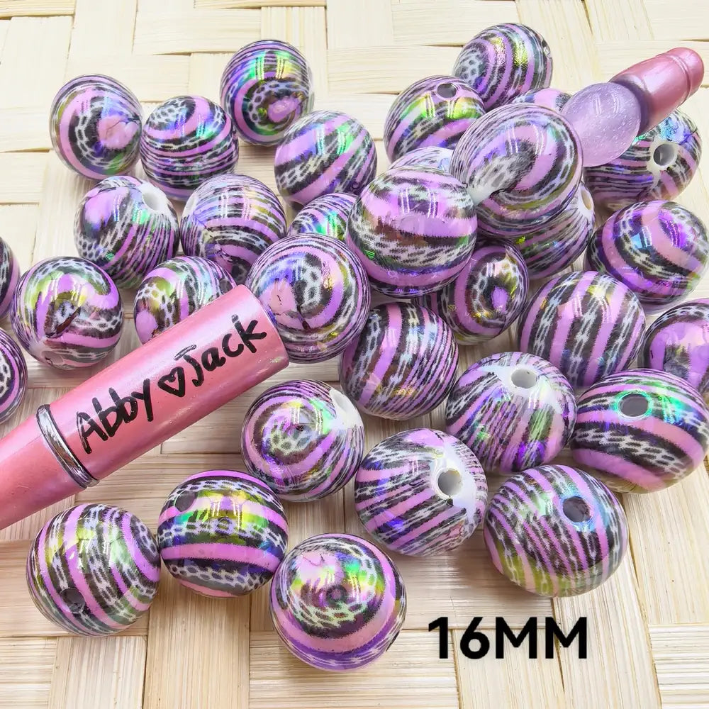 16MM Pink Stripes Printed on White Acrylic Bead