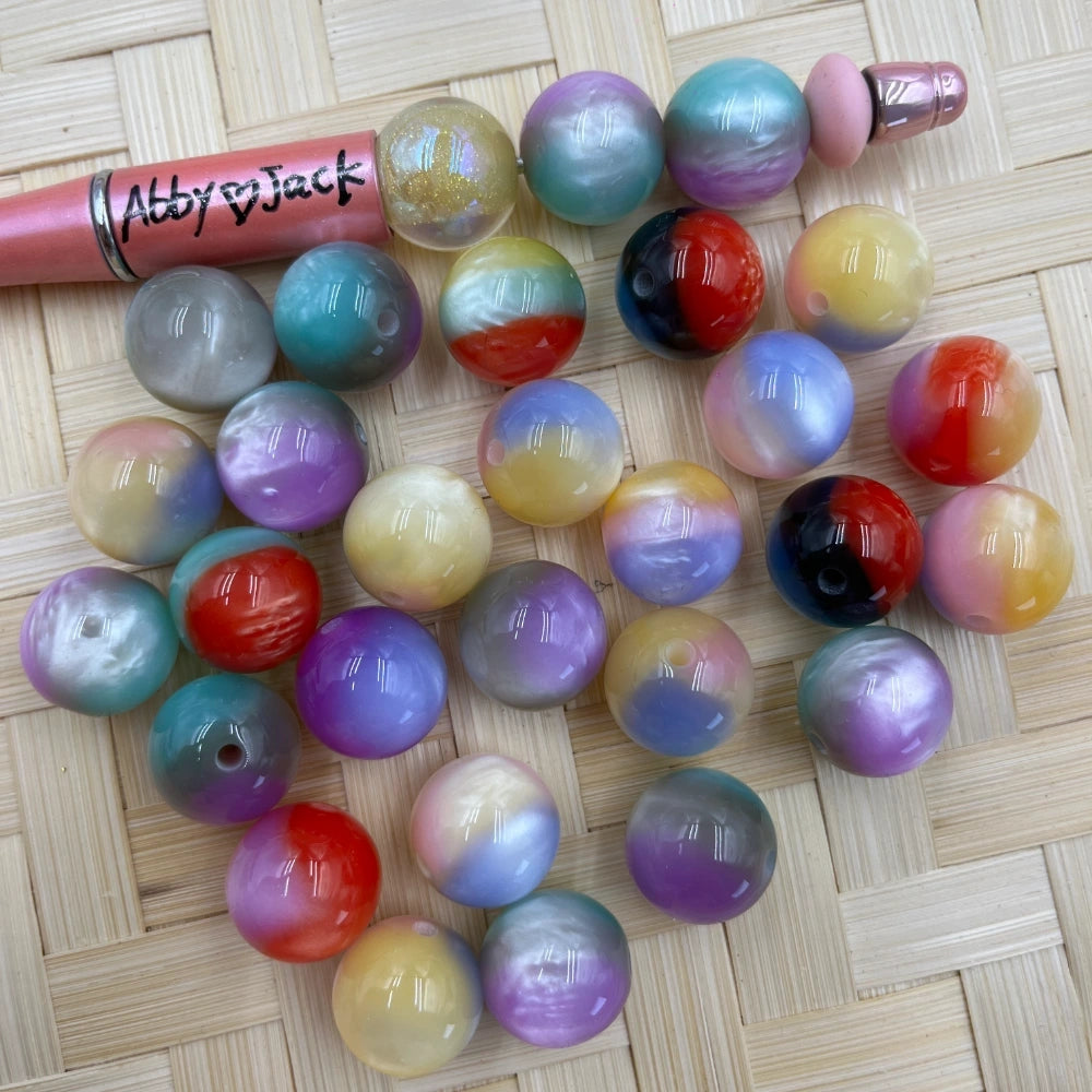 Assorted 16MM glossy round acrylic beads with pastel pearl swirls and multicolor marbled finishes