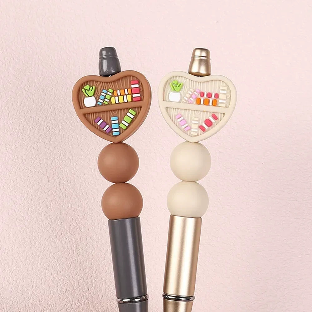 3D Heart-Shaped Bookshelf with Wood Grain Silicone Focal Beads for DIY Keychains