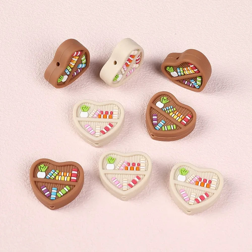 3D Heart-Shaped Bookshelf with Wood Grain Silicone Focal Beads for DIY Keychains