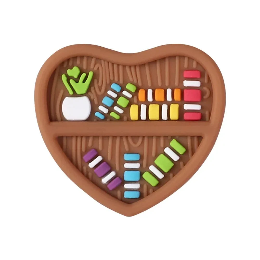 3D Heart-Shaped Bookshelf with Wood Grain Silicone Focal Beads for DIY Keychains