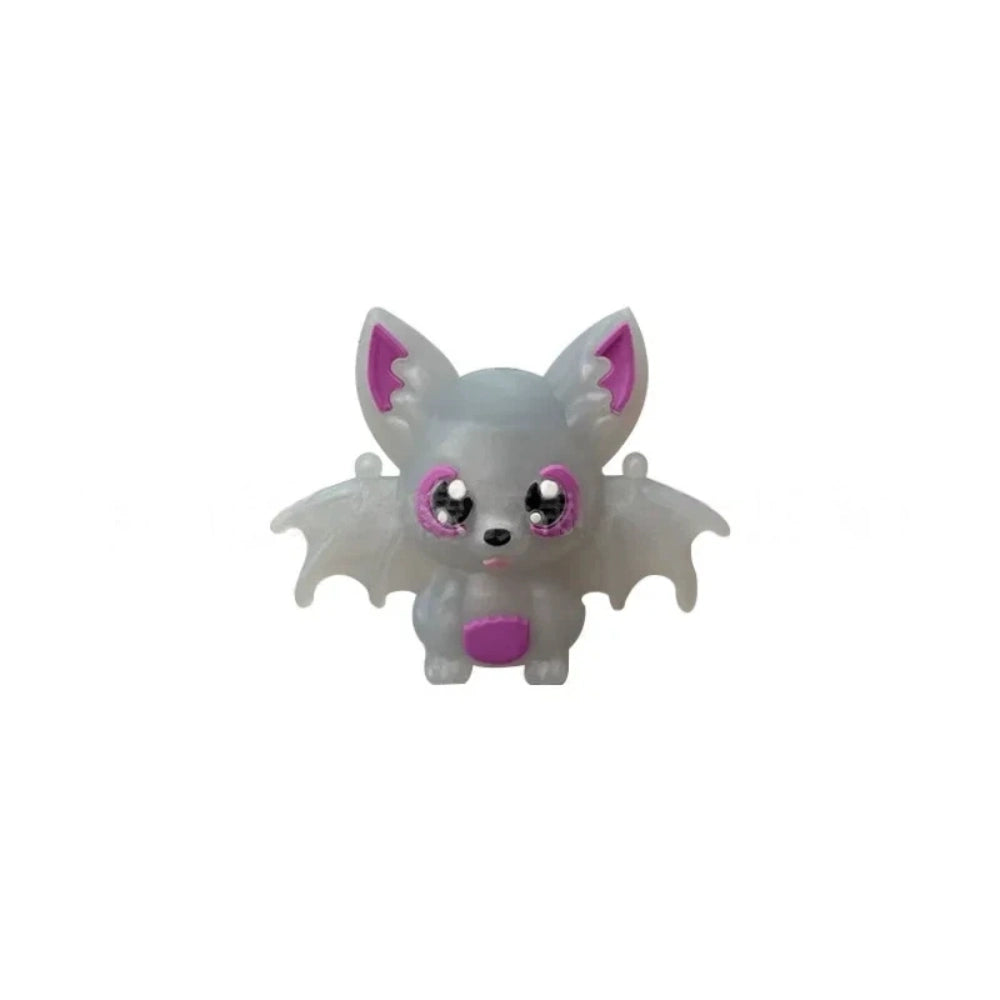 Six colorful 3D silicone baby bat focal beads in black, purple, gray, white, brown, and copper displayed on a wooden tray against a pink background. - Pearl Gray
