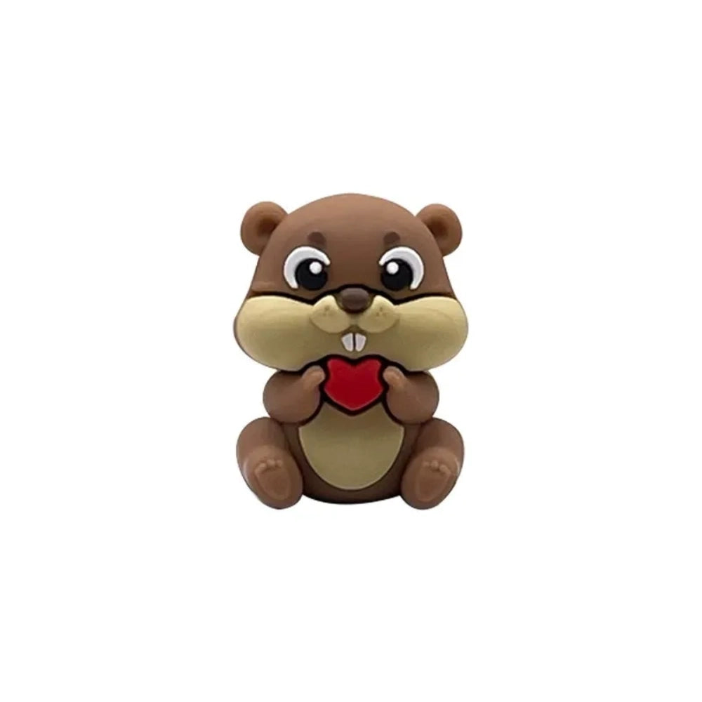 Four 3D silicone focal beads shaped like cute beavers holding red hearts in brown, dark brown, gray, and pink colors, displayed on matching beadable pens with decorative floral silicone beads. - Camel