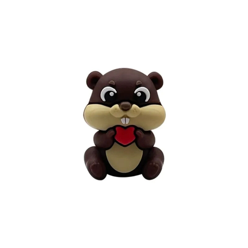 Four 3D silicone focal beads shaped like cute beavers holding red hearts in brown, dark brown, gray, and pink colors, displayed on matching beadable pens with decorative floral silicone beads. - Coffee