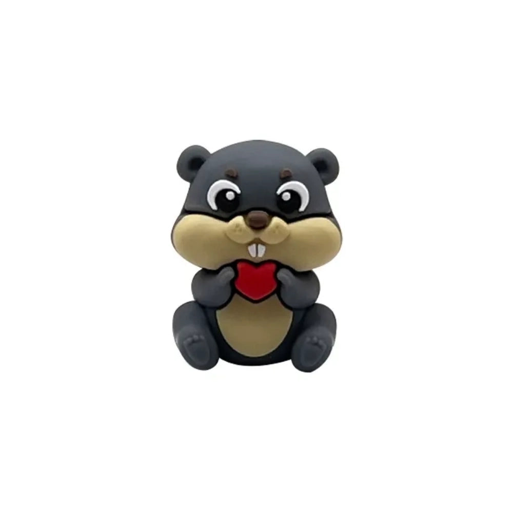 Four 3D silicone focal beads shaped like cute beavers holding red hearts in brown, dark brown, gray, and pink colors, displayed on matching beadable pens with decorative floral silicone beads. - Dark Gray
