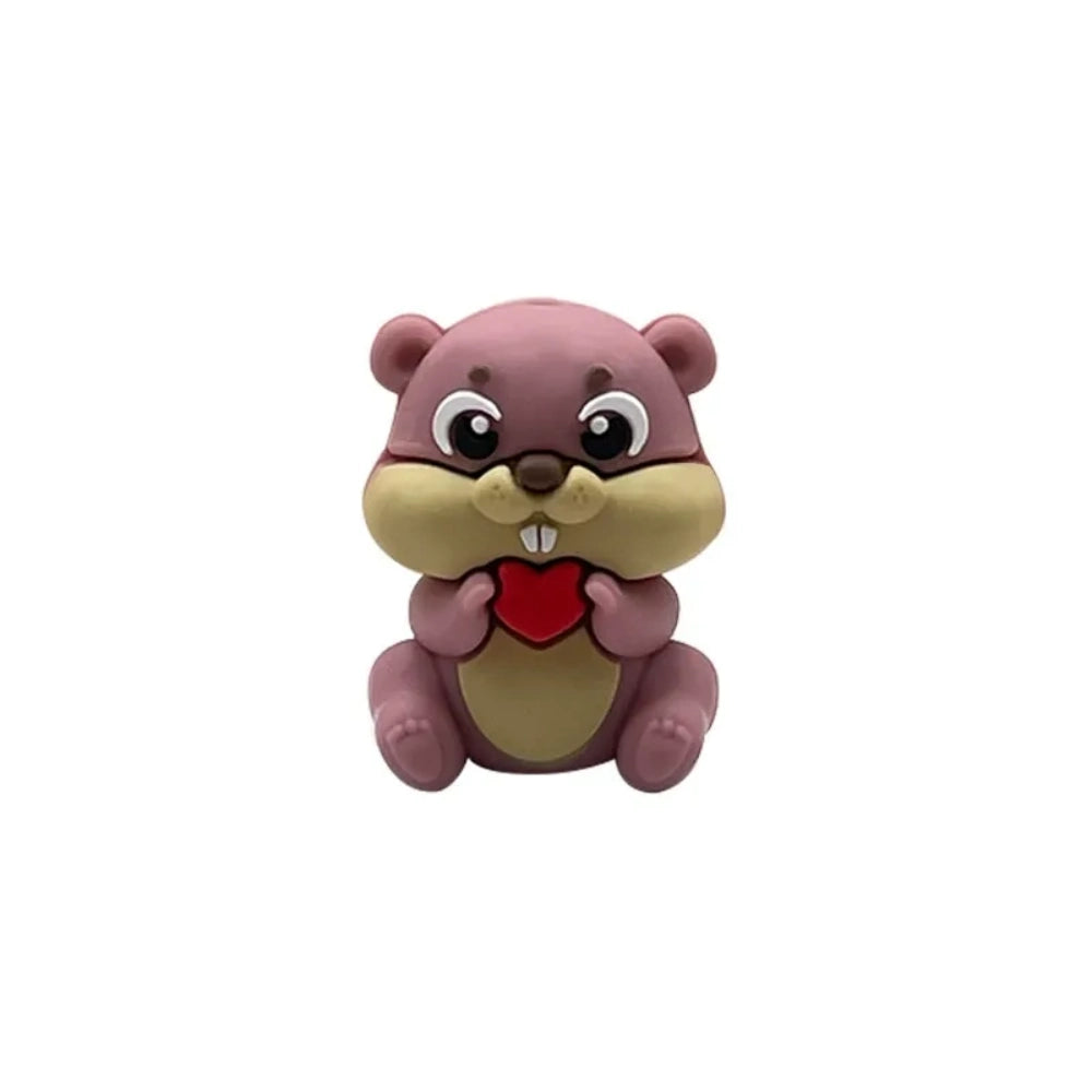 Four 3D silicone focal beads shaped like cute beavers holding red hearts in brown, dark brown, gray, and pink colors, displayed on matching beadable pens with decorative floral silicone beads. - Pink