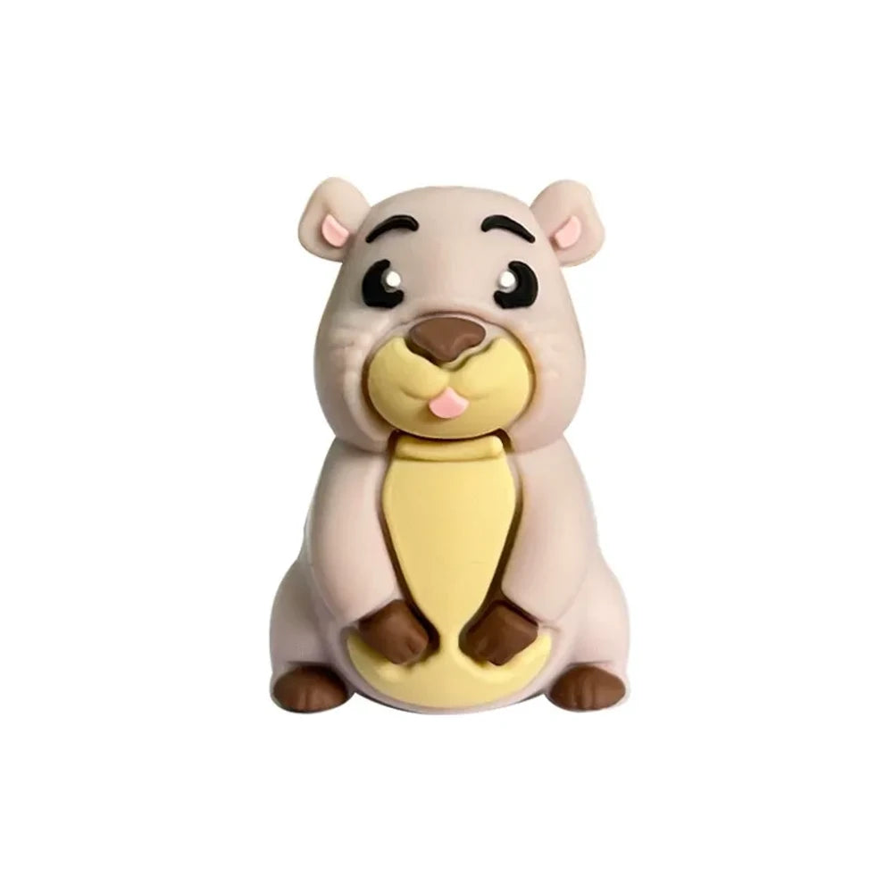 Three 3D groundhog silicone focal beads in light tan, medium brown, and dark brown colors displayed in front of a white ceramic bowl on a beige background. - Light Gray Purple