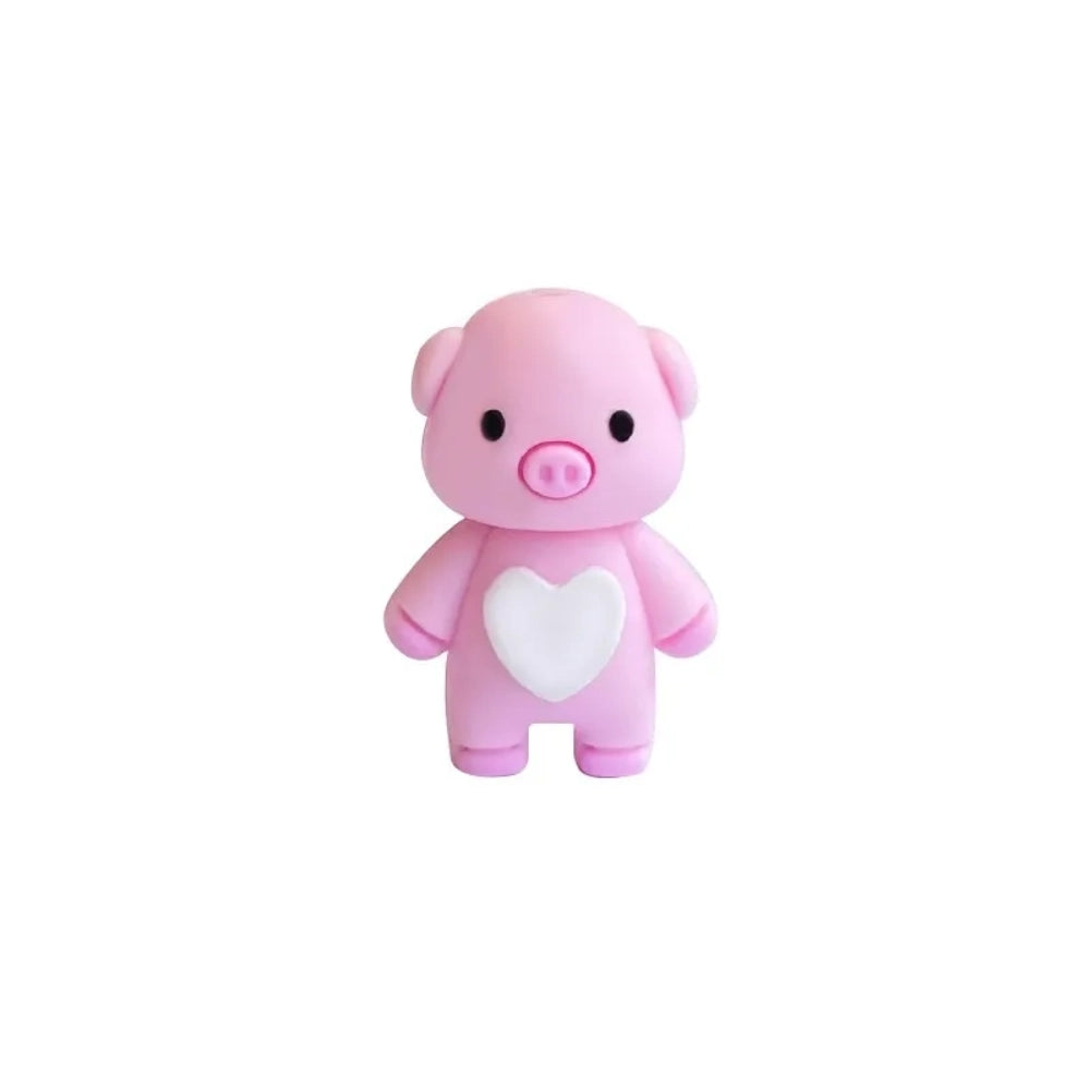 Three cute 3D pig silicone focal beads in pink, cream, and mauve colors, each featuring a white heart on the chest, displayed upright in a clear bead holder. - Light Pink