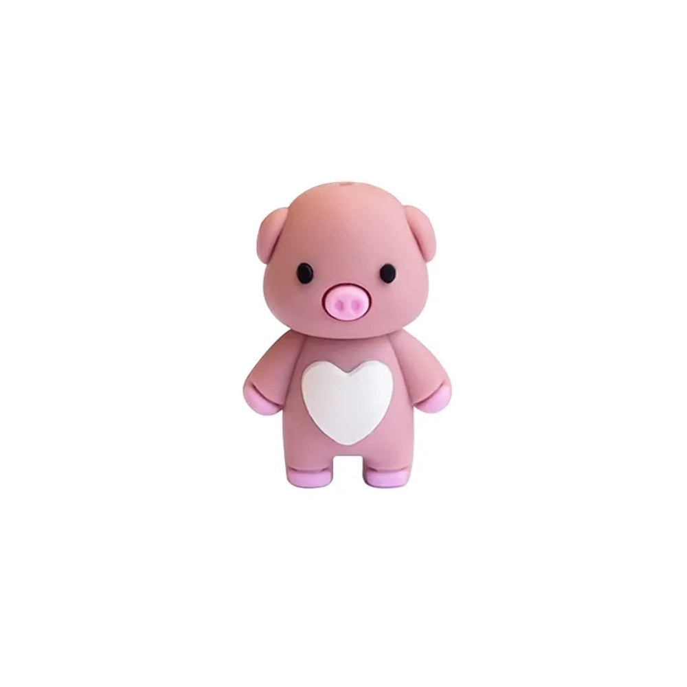 Three cute 3D pig silicone focal beads in pink, cream, and mauve colors, each featuring a white heart on the chest, displayed upright in a clear bead holder. - Pink