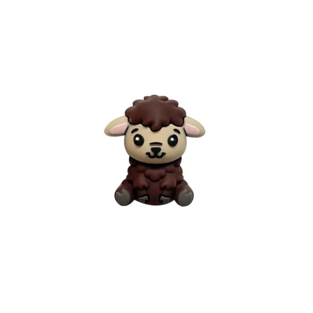 Six miniature 3D silicone focal beads shaped like cute sitting lambs in brown, tan, grey, and white colorways displayed on a white platform with pink flowers on a mauve background. - Coffee