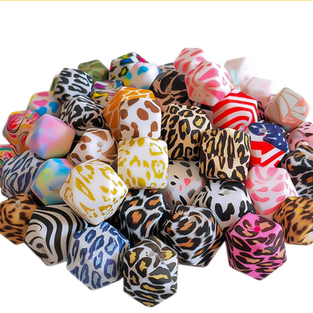 Silicone Hexagonal Watermark Octagonal Round Beads-25PCS