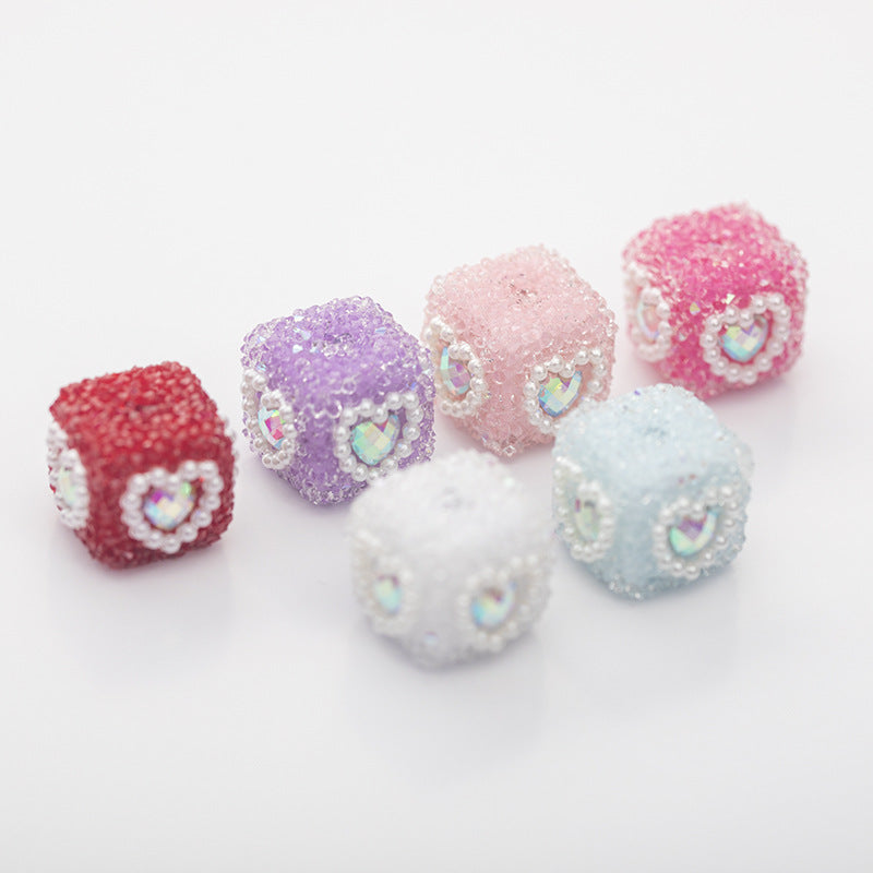 Acrylic Solid Blocks Wrapped in Diamonds, Pearls, Love DIY Sugar Straight Hole Bead String-5PCS