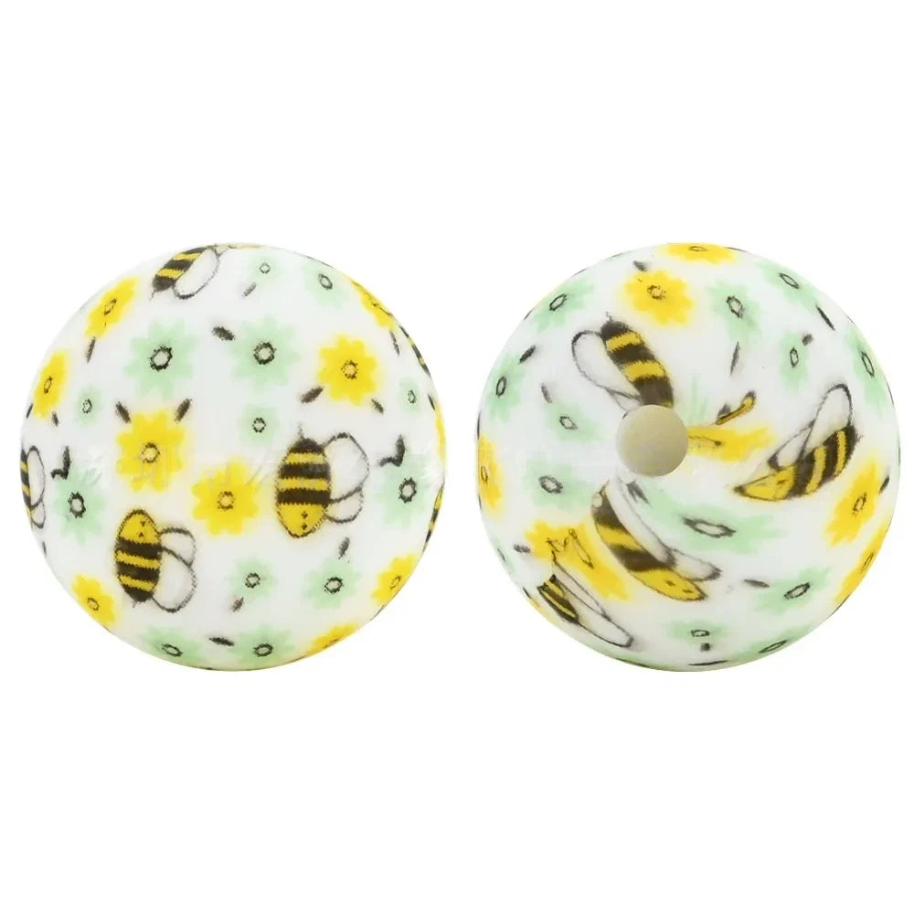 15mm Bees and Flowers Printed Silicone Bead for DIY Keychains Pens