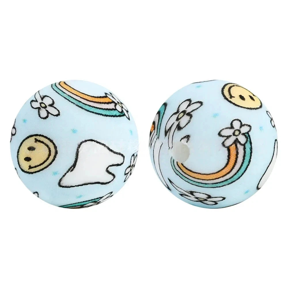 15mm Rainbow Teeth Smiley Face Printed Silicone Bead for DIY Keychains Pens