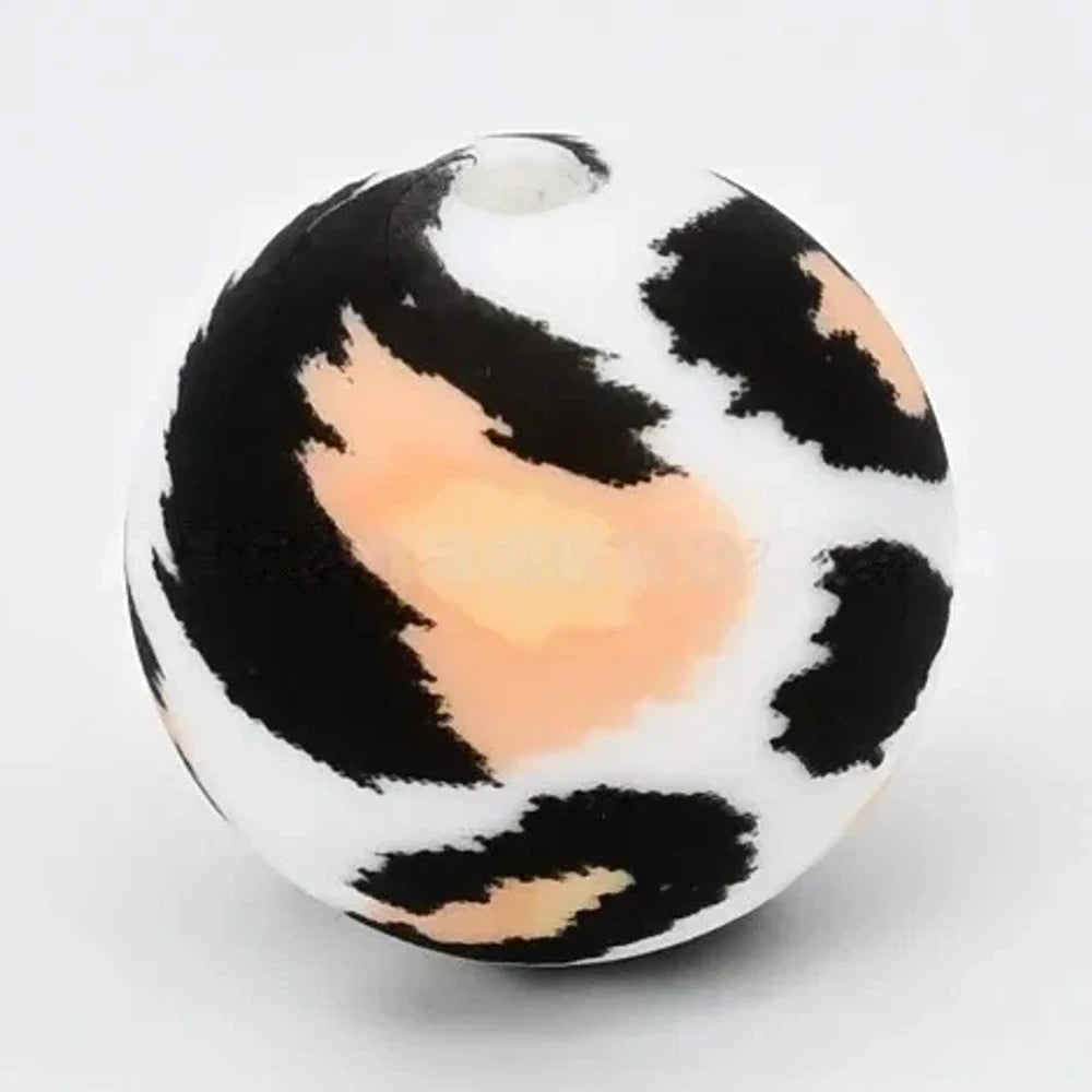 15mm Orange Leopard on White Printed Silicone Bead for DIY Keychains Pens