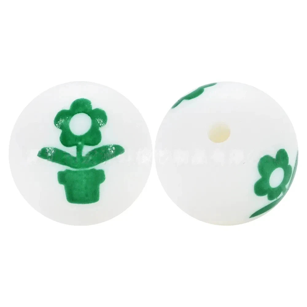 15mm Green Flower Printed Silicone Bead for DIY Keychains Pens