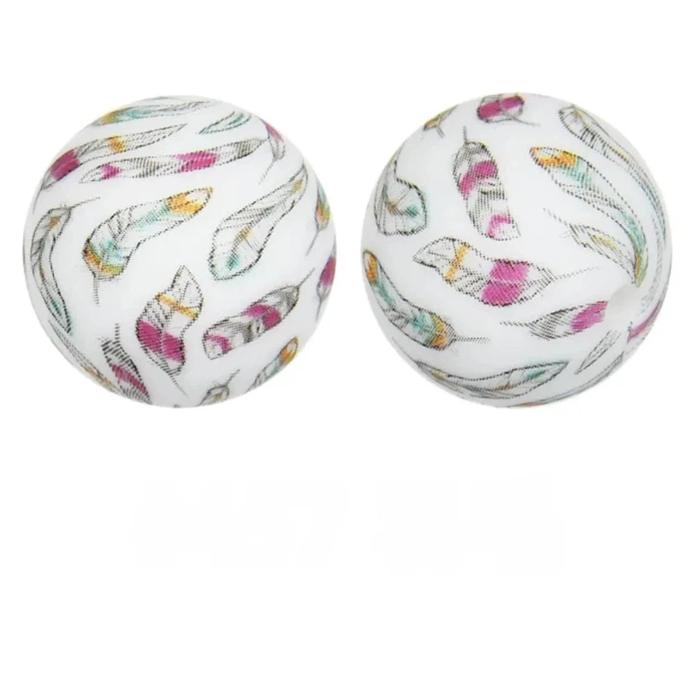 15mm Feather Printed Silicone Bead for DIY Pens Keychains