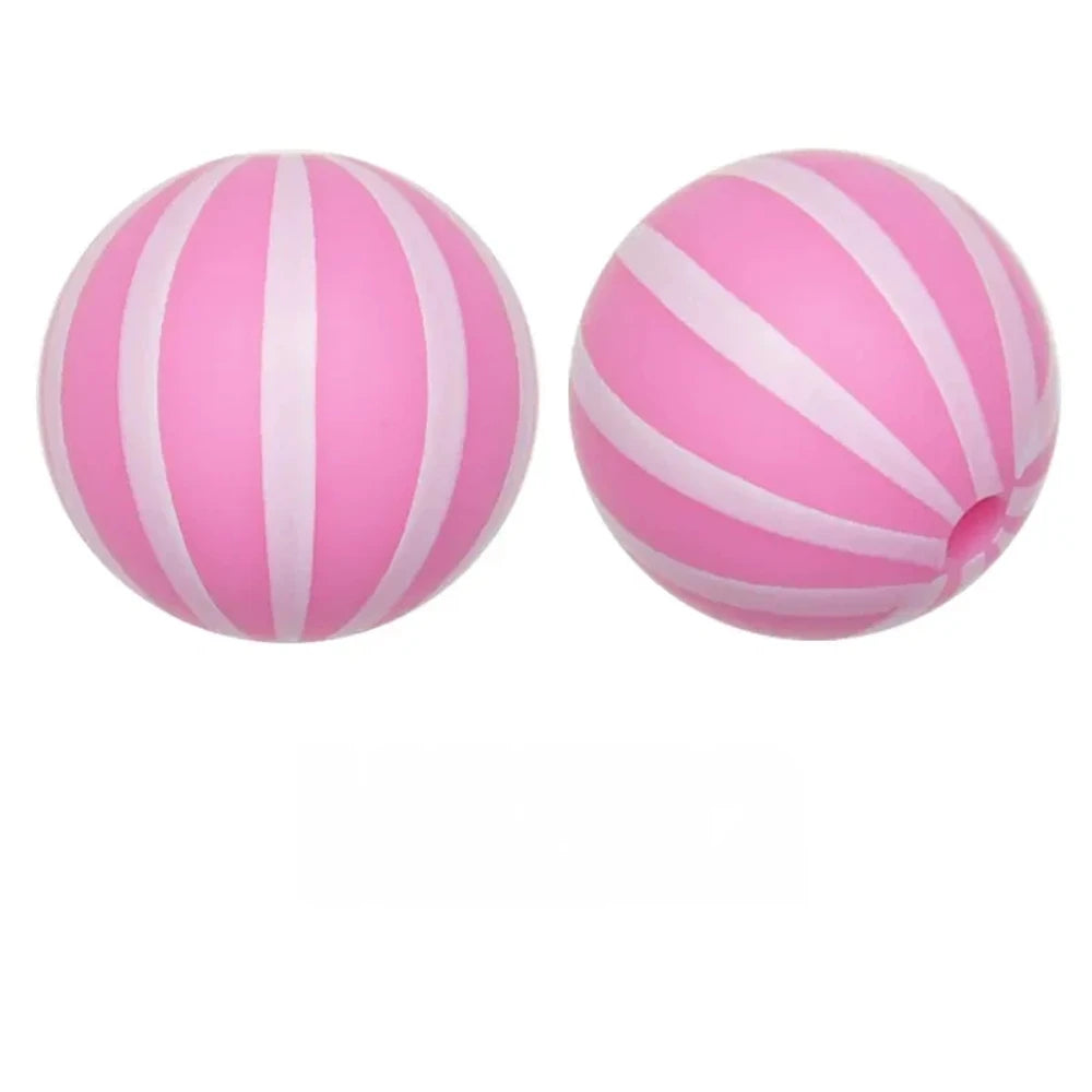 15mm White Stripes on Pink Printed Silicone Bead for DIY Bracelet Pen