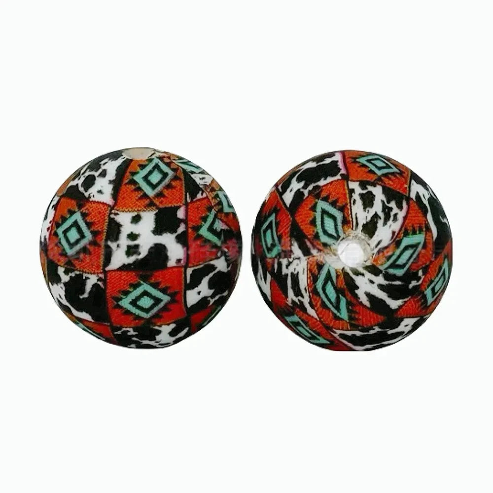 15mm Western Pattern Printed Silicone Bead for DIY Pens Keychains