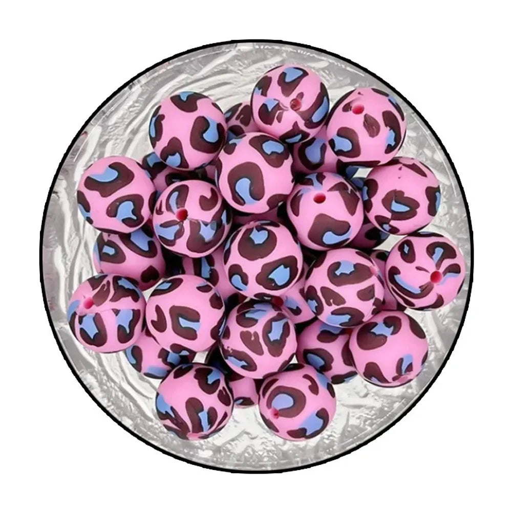 15mm Pink Cheetah Skin Pattern Printed Silicone Bead for DIY Keychains Pens