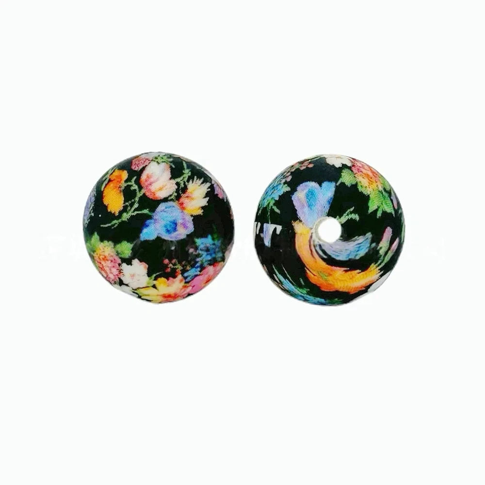 15mm Colorful Flowers Printed Silicone Bead for DIY Pens Keychain