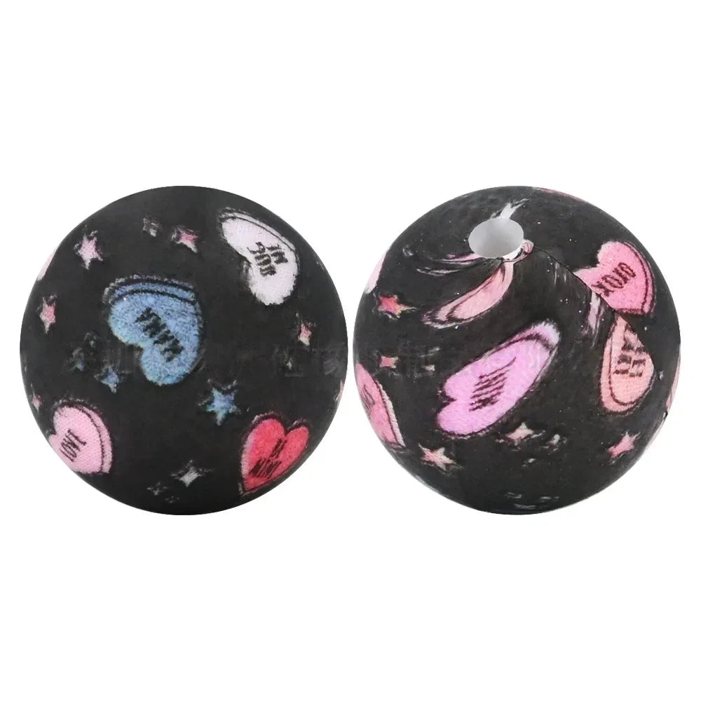 15mm Heart on Black Printed Silicone Bead for DIY Keychains Pens