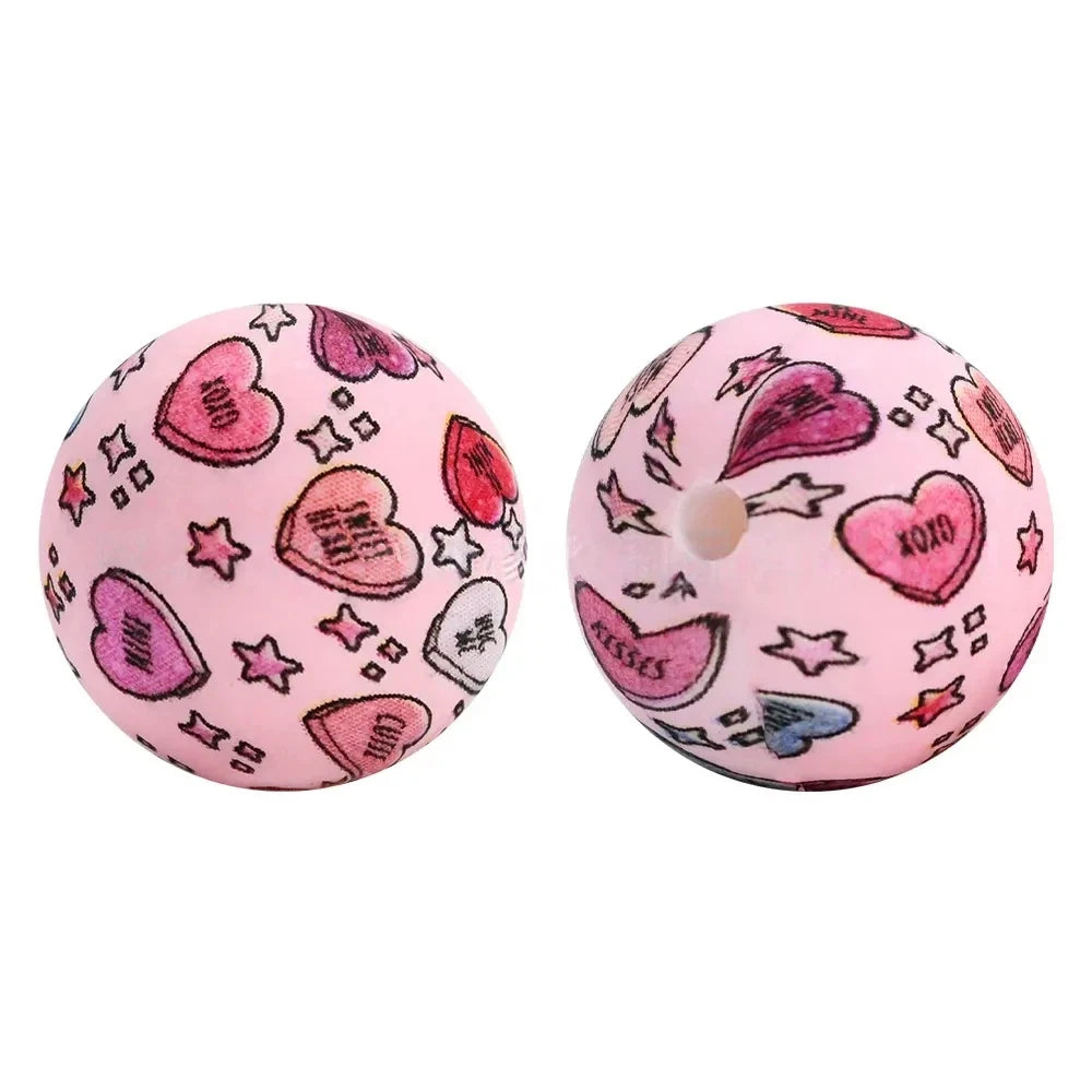 15mm Heart Printed Silicone Bead for DIY Keychains Pens