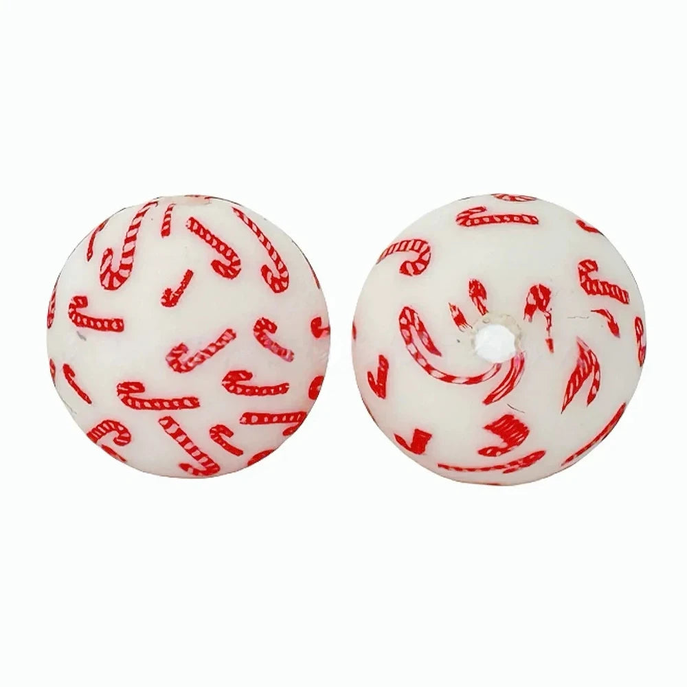 15mm Christmas Candy Cane Printed Silicone Bead for DIY Bracelet Pens