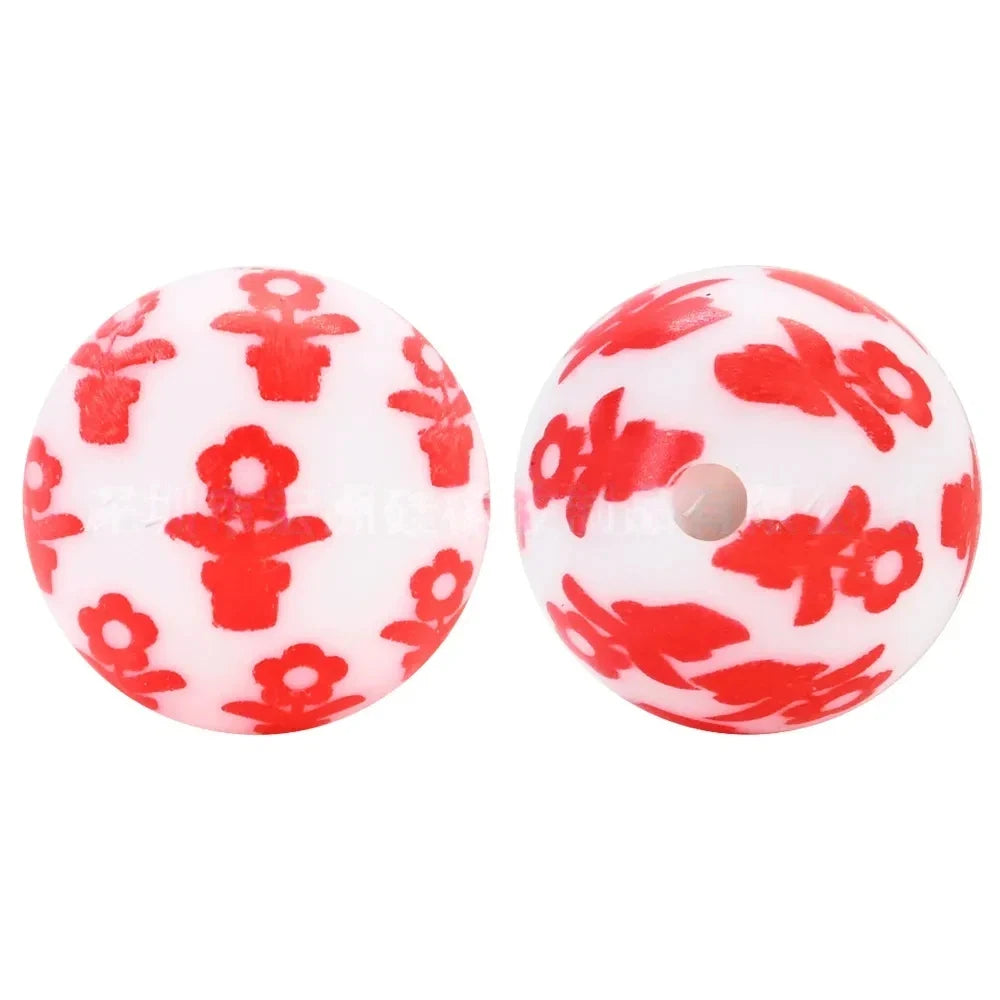 15mm Flowers Printed Silicone Bead for DIY Keychains Pens